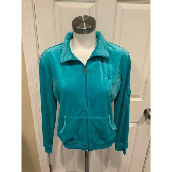 BCBG Max Azria Teal Blue Velour Zip-Up Sweatshirt, Size Large - Picture 1 of 8